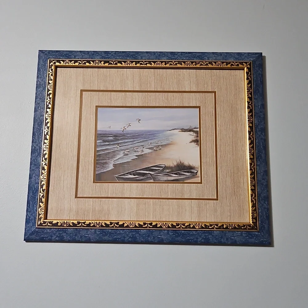 Vintage Elegant Coastal Framed Art with Blue and Gold Accents